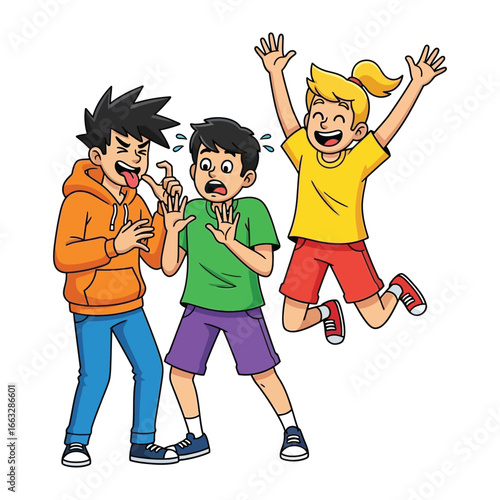 Playful Mockery: In this vibrant cartoon scene, two children playfully tease another, creating a dynamic interplay of emotions. One child sticks out their tongue in jest.