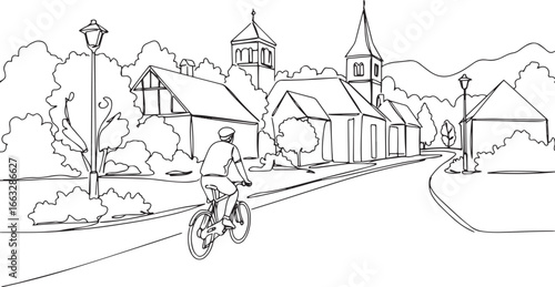 Continuous line illustration of a man cycling through a quaint v
