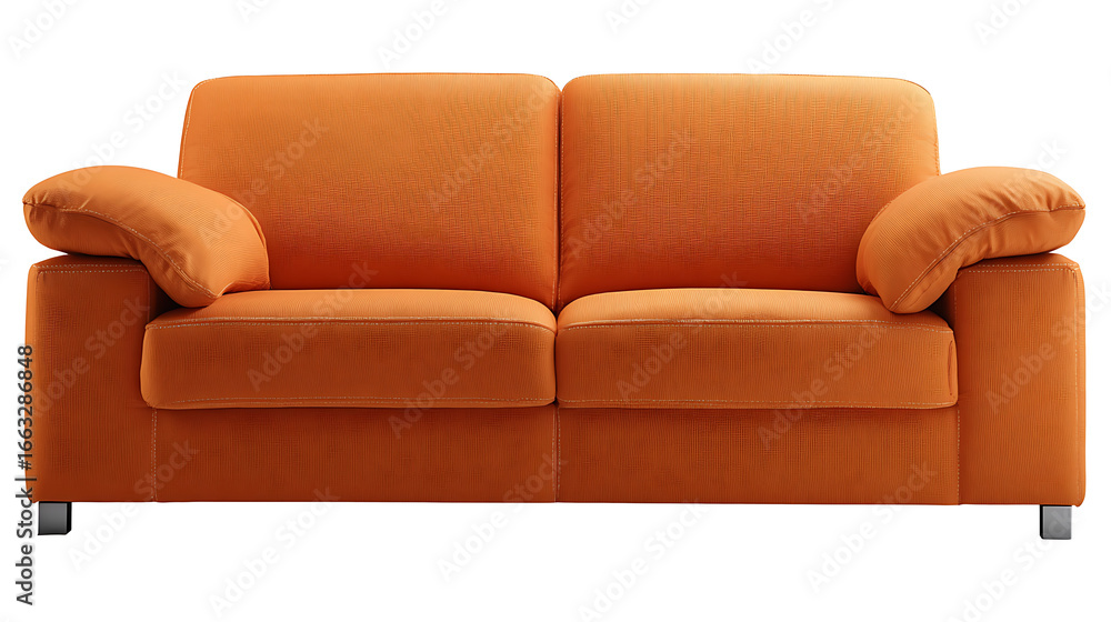 Fototapeta premium A modern orange couch with colorful pillows on a clean white background perfect for interior design concepts or furniture advertisements 