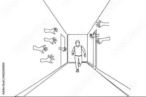Escaping the grasp: a line art illustration of a man fleeing dow
