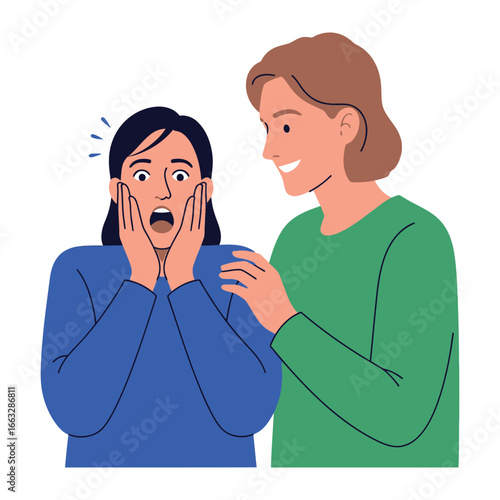 Astonishment Unveiled: A moment of surprise and intrigue unfolds as a young woman, her eyes wide with disbelief, reacts to something unseen, while another person looks on with a knowing smile.