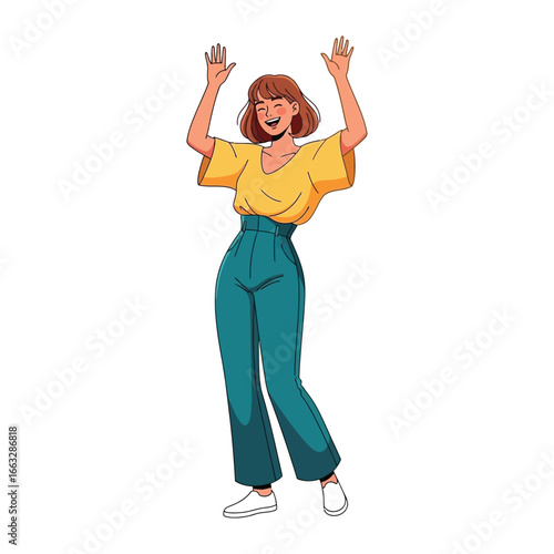 Enthusiastic Joy: A cheerful young woman joyfully raises her arms high, embracing the moment in a celebration of happiness and positivity.