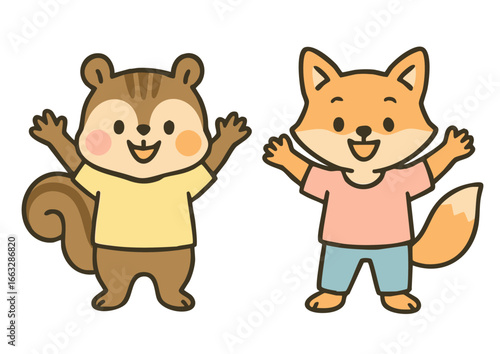 万歳するリスとキツネのイラスト