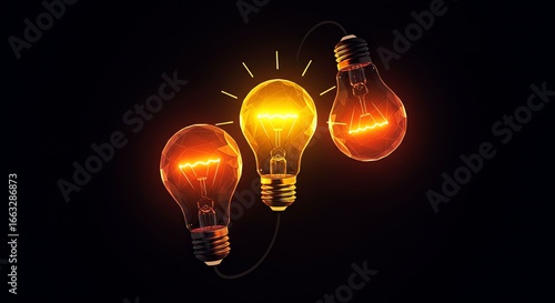Creative concept of innovation and teamwork with three interconnected glowing light bulbs on a dark background