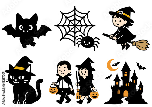 ハロウィンを楽しむこどもたちと黒猫のイラストセット