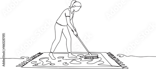 Minimalist line drawing of a woman diligently scrubbing a messy