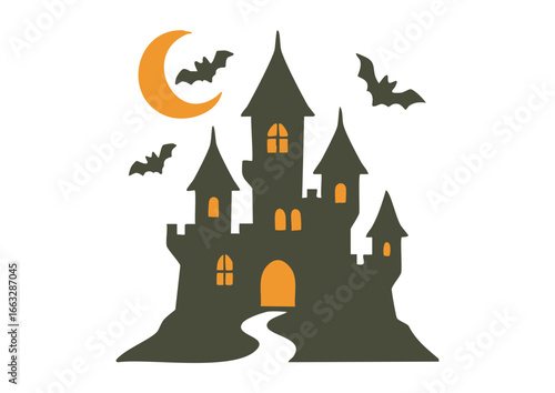 ハロウィンのおばけ屋敷とこうもりのイラスト