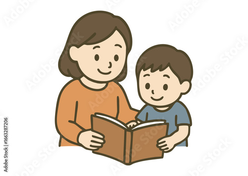 読み聞かせをする母親と本を読む子供
