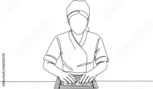 A culinary artist skillfully preparing sushi in a minimalist mon