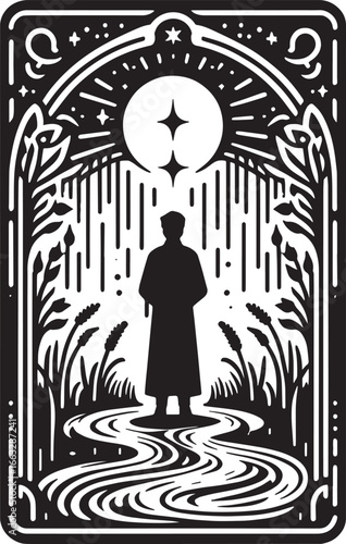 Elegant Black and White Illustration of a Shih Tzu Dog within a Decorative Circular Frame