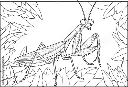 Detailed line art of a praying mantis among leaves, perfect for