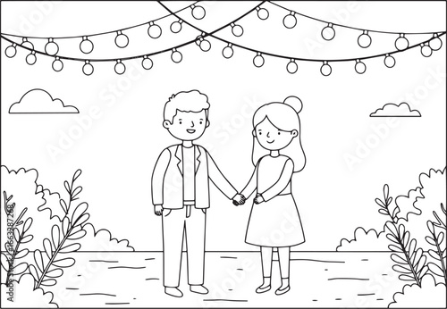 Charming outlined illustration featuring a loving couple under f