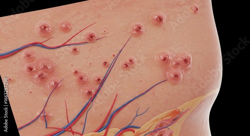 Detailed 3D rendering of skin with inflammation and visible blood vessels, depicting a medical condition or dermatological issue