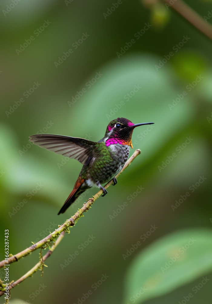 Fototapeta premium Vibrant Hummingbird Perched on a Branch in Lush Greenery