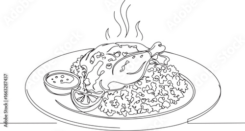 Elegant line art illustration of a delectable chicken and rice d