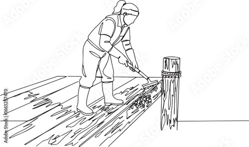 Line art of a woman removing barnacles from a dock, maritime mai