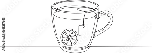 Minimalist line art illustration of a refreshing cup of lemon te