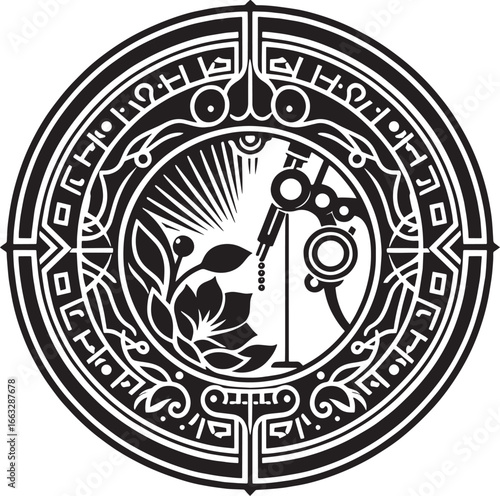 Minimalist Black and White Illustration of Mountains, a Boat, and the Sea in Diamond Shape