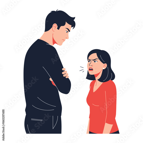 Conflict: A Man and Woman Engage in Intense Conflict, Displaying Tension in a Flat, Modern Style Illustration.