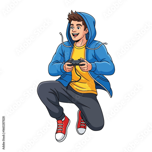Gamer's Leap: An illustration of a young man absorbed in a video game, joyfully leaping while clutching the controller. Perfect for any gaming concept!