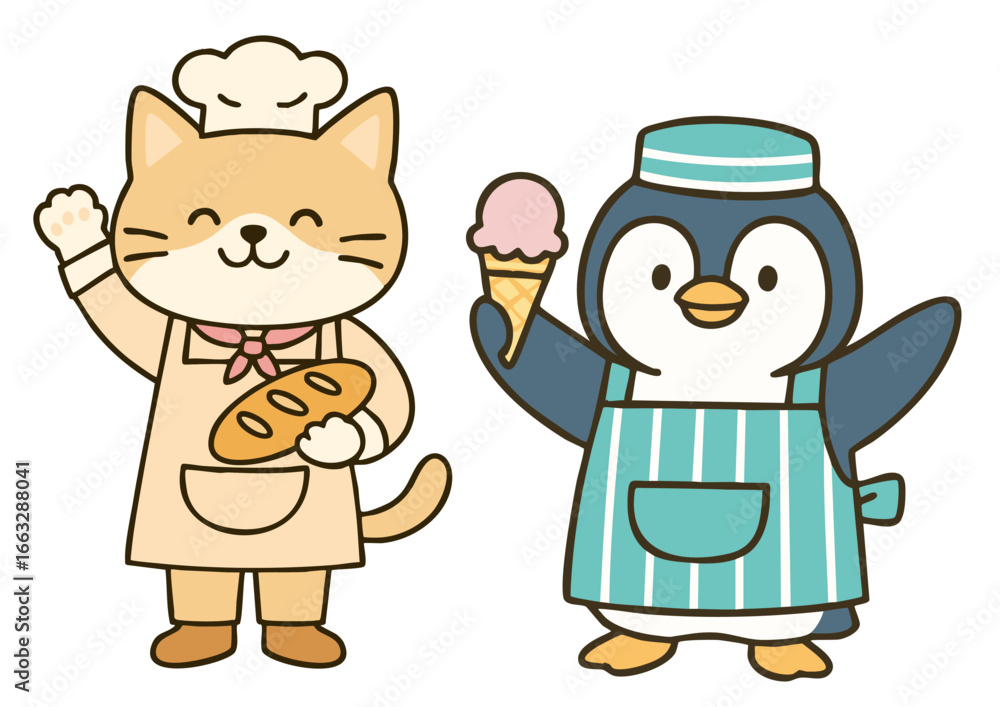 Fototapeta premium パン屋の猫とアイス屋のペンギンのイラスト