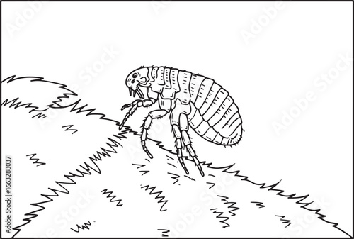 Detailed line art illustration featuring a flea resting on blade