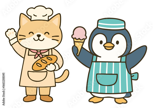 パン屋の猫とアイス屋のペンギンのイラスト
