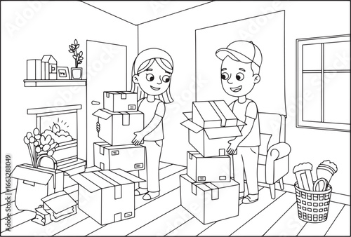 Cheerful couple moving house carrying cardboard boxes illustrate