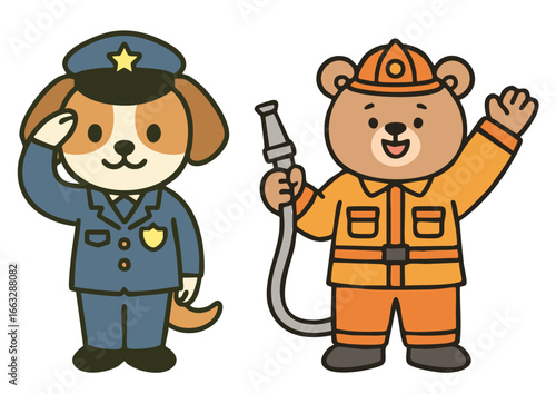 犬の警察官とクマの消防士のかわいいイラスト