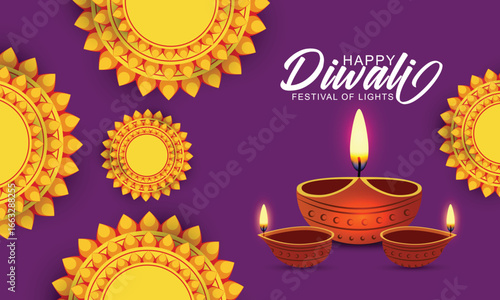 Diwali festival of lights holiday design with paper cut style of Indian Rangoli and diya - oil lamp