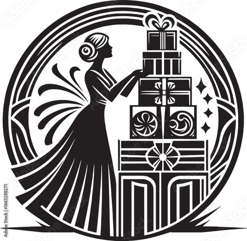 Black and White Mango Illustration with Palm Tree, Stars, and Moon in a Decorative Border