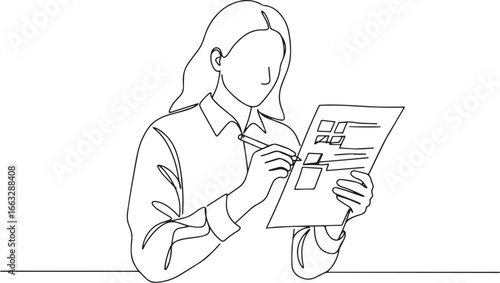 Faceless woman reviewing document with pen marking choices, sing