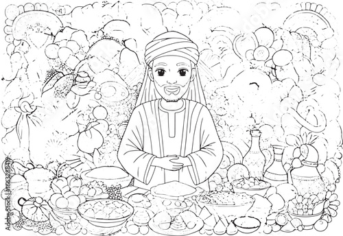 Intricate coloring page featuring a sudanese man surrounded by t