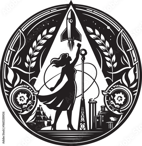 Intricate Black and White Illustration of a Mystical Female Figure with Botanical Elements