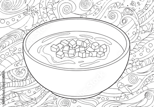 Detailed coloring page of gazpacho soup bowl surrounded by food