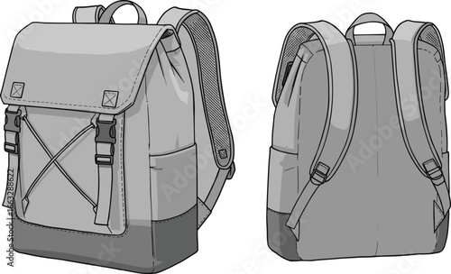 Backpack front and back view, modern travel bag, detailed rucksack design, vector outline style, student school pack, hiking bag sketch, flat CAD drawing