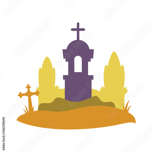 Watercolor spooky halloween graveyard scene isolated on clean white background eerie illustration