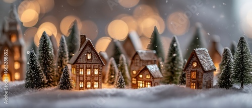 The enchanting winter village scene with illuminated houses and evergreen trees.