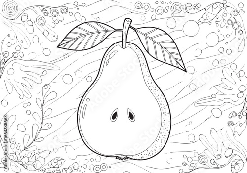 Detailed pear illustration against an abstract, patterned backdr