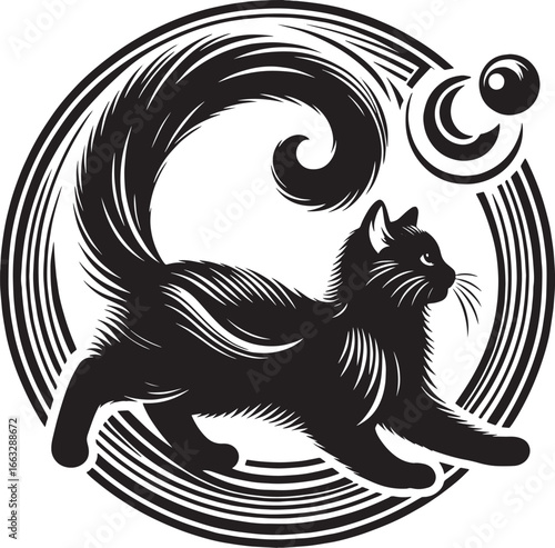 Stylized black cat illustration inside a circular design, perfect for logos and graphics