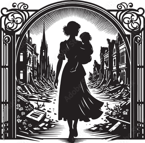 Intricate Black and White Illustration of an Assassin Holding a Dagger Surrounded by Ornate Vines