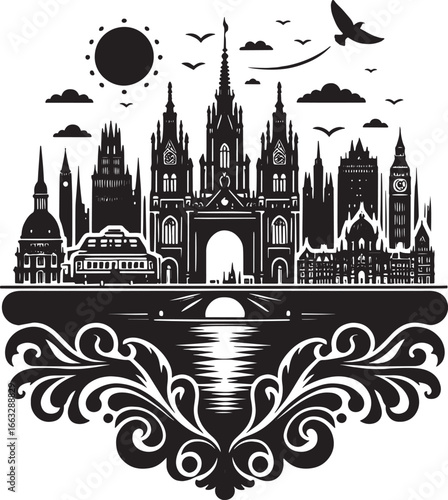 Elegant black and white illustration of a mythical chariot pulled by a horse and eagle, divine