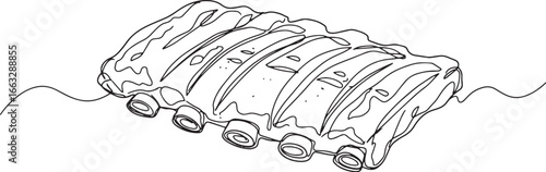 Line art illustration of barbecued ribs, culinary drawing delici