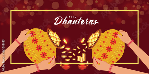 Happy Dhanteras banner template design with gold coin in pot and decorative Diya lamp