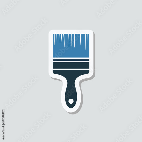 Paint brush sticker icon with blue bristles and a white outline, isolated on a gray background, ideal for art and design projects