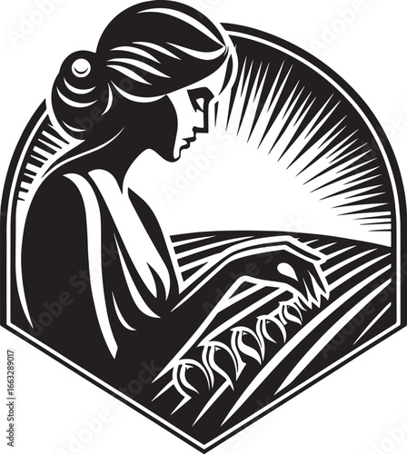 Black and white illustration of a woman pointing at a tornado approaching a city landscape