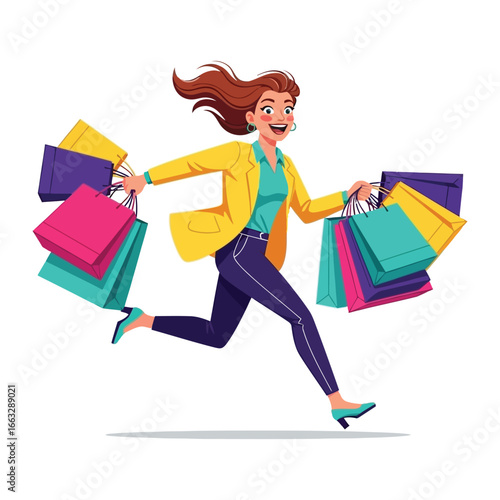 Shopping Spree Excitement: A spirited woman bursts with glee as she dashes along, arms laden with an array of shopping bags, radiating pure excitement and vibrant energy.