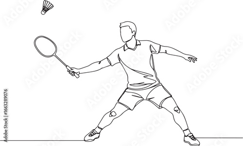 Continuous line drawing of a badminton player hitting shuttlecoc