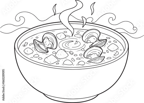 Detailed line art illustration of steaming clam chowder in bowl