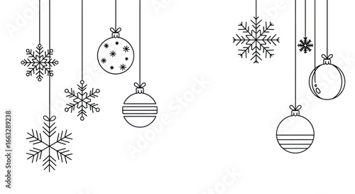 Minimalist Christmas Vector Illustration with Snowflake and Ornament Elements in Black Line Art